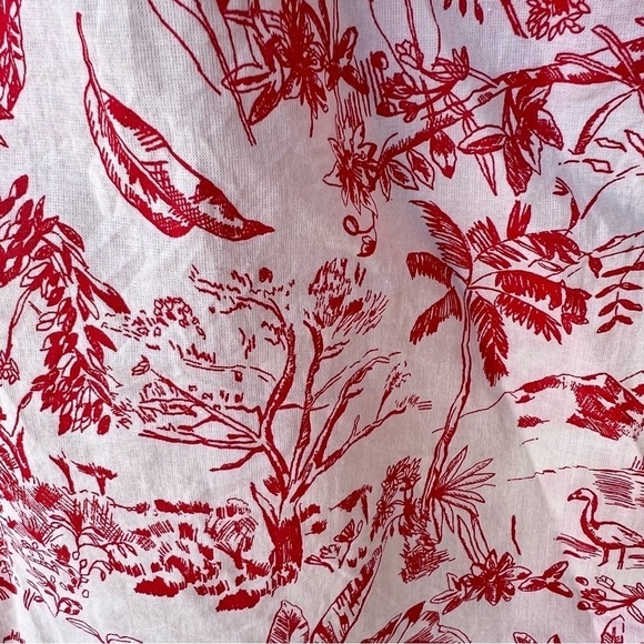 H&M TROPICAL JUNGLE RED/WHITE PRINT V-NECK COTTON CAP SLEEVE TOP SIZE LARGE - Picture 3 of 7